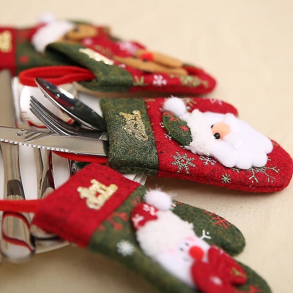 Julehandske stil bordservice juletaske, holder gaffel ske lomme bestik pose (rød+grøn)(4 stk)