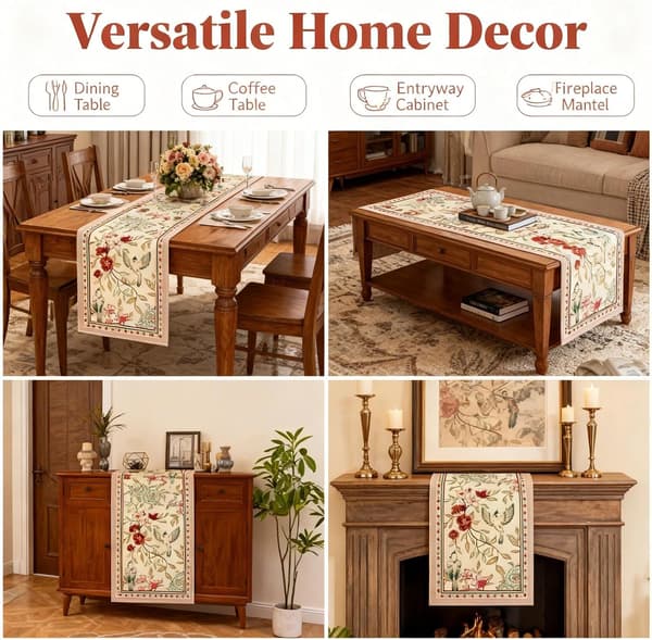 Floral and Bird Table Runner, 183x33cm Linen Fabric, Washable Reusable Table Runner for Dining Table, Floral Table Runner and Spring Tablecloth