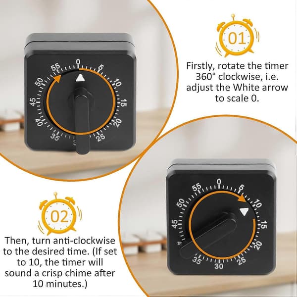 Kitchen Timer, Adjustable 60 Minute Mechanical Timer for Kitchen Baking Tools, 1 Hour Black Square Alarm Reminder