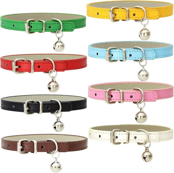 Leather Cat Collars with Bells and Adjustable Durable Metal Buckles, Handmade, 8-Pack