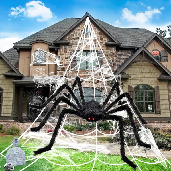 Halloween Decorations, Realistic Outdoor Plush Spider (50cm) + 5 Meter White Triangular Spider Web