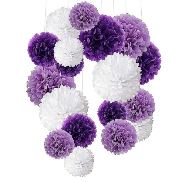 18 kpl Pom Pom -kukkia, koristepaperisetti juhliin, häihin, violetti Purple