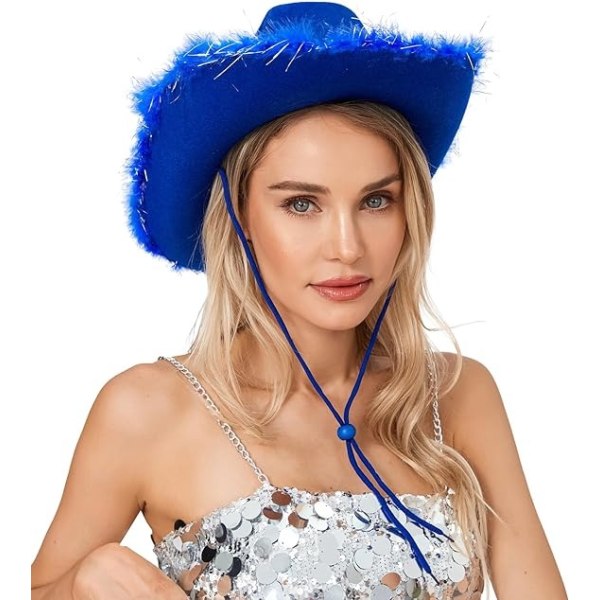 Cowboyhat til kvinder Mænd Fluffy Fur Trim Filt Cowgirl Hat Voksne Ekstra stor fjerhat Western Party Accessories