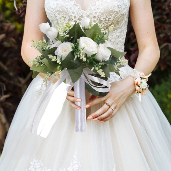 Brudebuketter til bruden, champagnehvid rose brudebuketter til bruden, kunstig blomsterbuket White