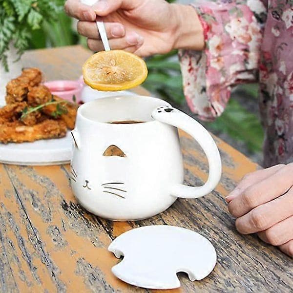 Ceramic Cat Mugs, Cat Mug, Cat Pattern, Cute Ceramic Coffee Mug with Cute Cat Lid, Stainless Steel Spoon (White)
