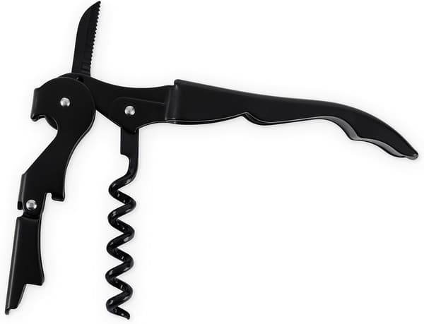 Double-hinged waiter's corkscrew, matte black wine bottle opener with foil cutter, wine key