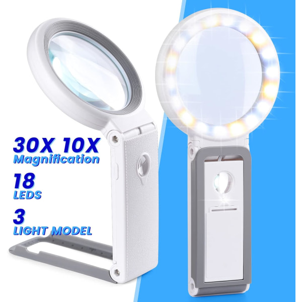 30X 10X suurennuslasi valolla ja jalustalla, kokoontaitettava kädessä pidettävä suurennuslasi 18 LED-valaistu valaistu suurennuslasi silmänpohjan rappeutumiseen, Senio