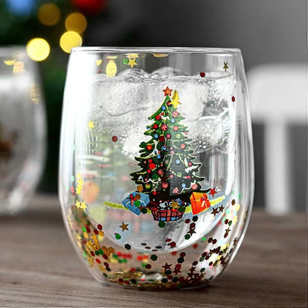 Christmas Glass Mug with Christmas Tree Design, Double-Wall Insulation, Moving Sequin Effect, 11 cm