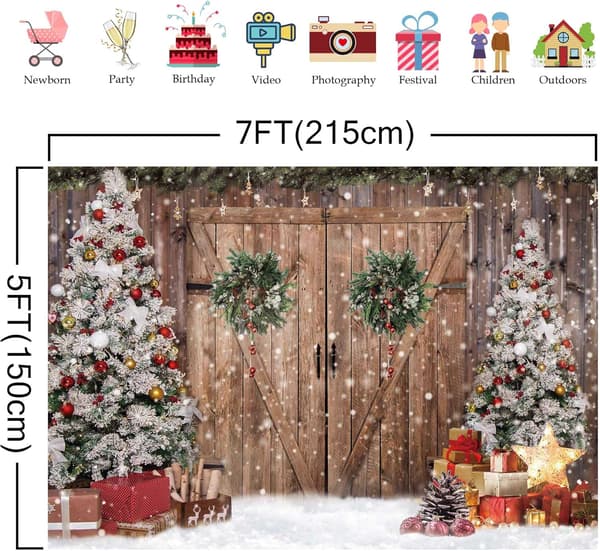 7x5FT Tyg Vinter Jul Rustik Ladugårdsträ Dörr Fotografi