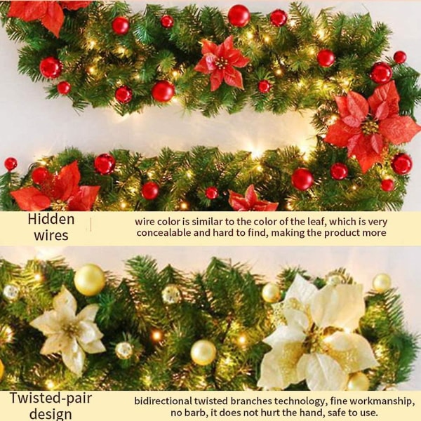 Julekrans, 2.7m Peis Trapper Dekorert Feelyst Led Lys Ornament Julekrans For Dekorasjon (gull)