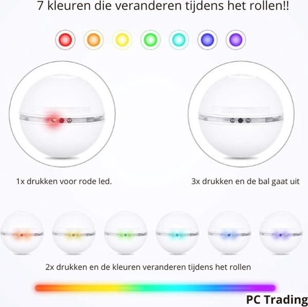 Smart White Interactive Self-Rolling Cat Ball - 7 LEDs, includes USB cable, feather, bell