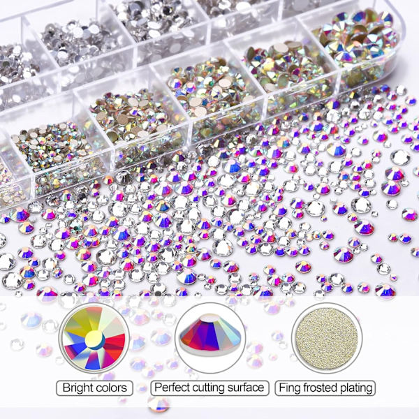 Rhinestone-sæt til negle - Flade Rhinestones, Stene med Opbevaringsboks/Voks-pincet 6 Størrelser (1,5-4,5 mm)