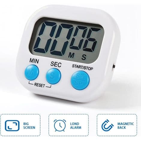 Magnetic Kitchen Timer, Cooking and Learning Timer, Audible Alarm and Countdown Timer with White LCD Screen