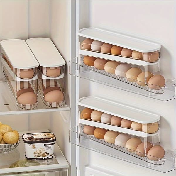 Automatic Egg Storage Box for 12-14 Eggs, Double-Layer Sliding Lid, Space-Saving Egg Rack for Refrigerator