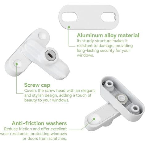 Window Lock, External Aluminum Alloy Lock, Security Latches with Keys and Screws, Security Fastener for Single and Double Wardrobe Windows (White)
