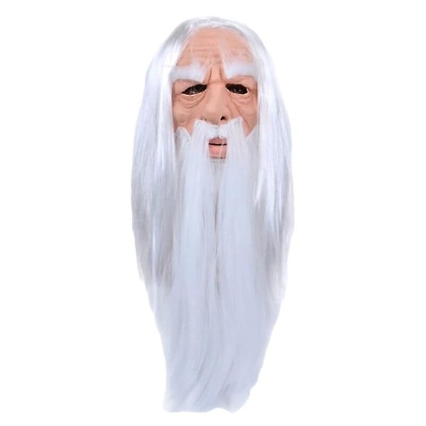 Halloween Vithårig Långhårig Wizard Old Man Mask Latex Mask Morfar Latex Mask Latex Långt hår Huvudbonader Performance Prop
