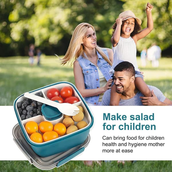 Salad Container 1.5 L Lunch Box, BPA-Free, 3 Compartments, with Dressing Container, Built-in Reusable Spoon (Dark Blue)