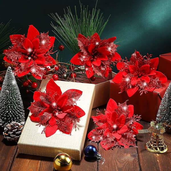 20 stk julepynt, kunstige juleblomster, glitter