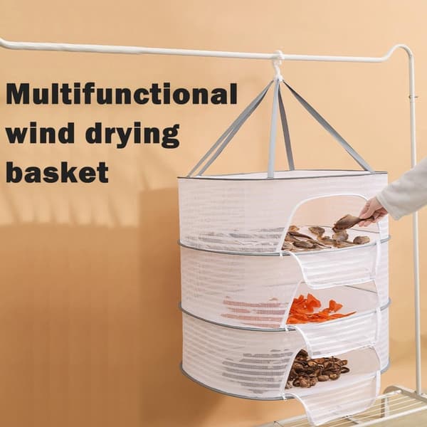 Hanging Drying Net Rack, 3-Layer Foldable Mesh Dryer with Zipper, Nylon Steel Frame for Herbs, Fruit, Fish, Vegetables, Clothes, White 104x70x50cm
