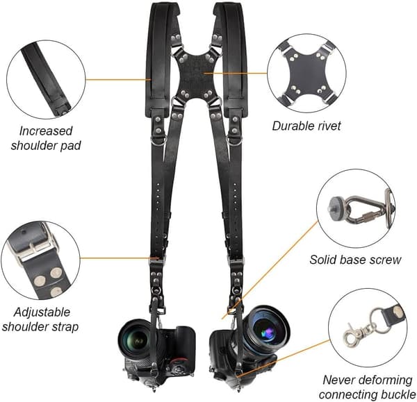 Camera Strap, Camera Straps for Photographers, Double Leather Camera Strap for Two DSLR/SLR Cameras (Black)