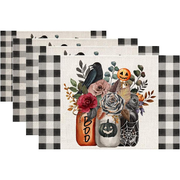 Halloween-koristeet Kukkakruunu Boo Buffalo Plaid -paikka-alustat 4 kpl Juhlat Sisustus Maalaismainen Vintage Pesu- ja Pöytäliinat