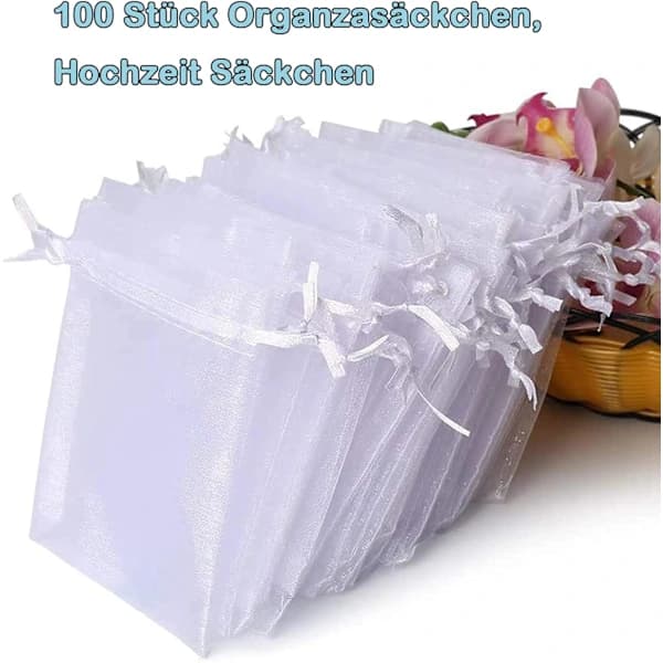100 hvide organzaposer, 7 x 9 cm, gaveposer