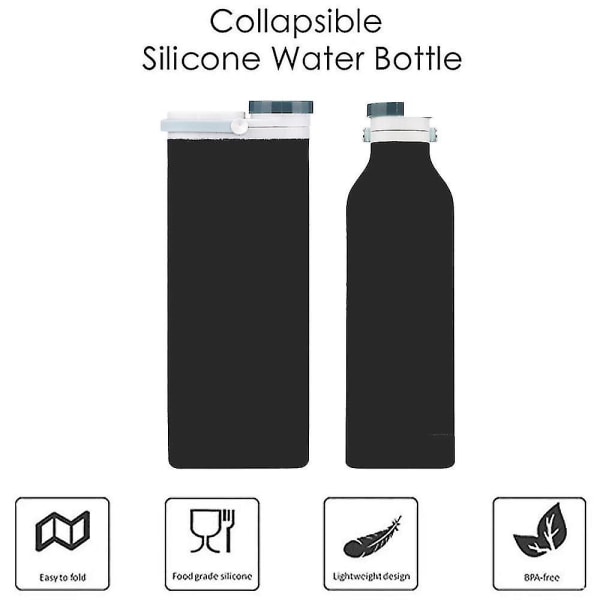 Hopfällbar vattenflaska, bärbar livsmedelsklassad silikon Vikbar resor Återanvändbar läckagesäkra vattenflaskor Svarta Black