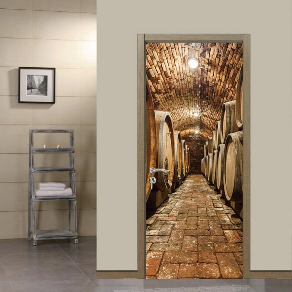 StyleA 77x200cm 3D Dørklistermærke Vinlager Fotovægmaleri Trompe l'oeil Vægmærker PVC Vandafvisende Tapet til Soveværelse Badeværelse Ki