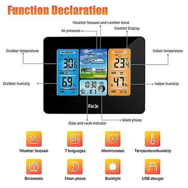 Lcd Digital Termometer Trådløs Klokke Kalender Innendørs Utendørs VærstasjonSort Black