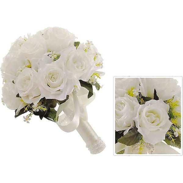 Brudbukett Bröllopsbukett för brud, koreansk stil vit falsk rosblomma, konstgjord bröllopsbrudbukett som håller blommor med strass för W