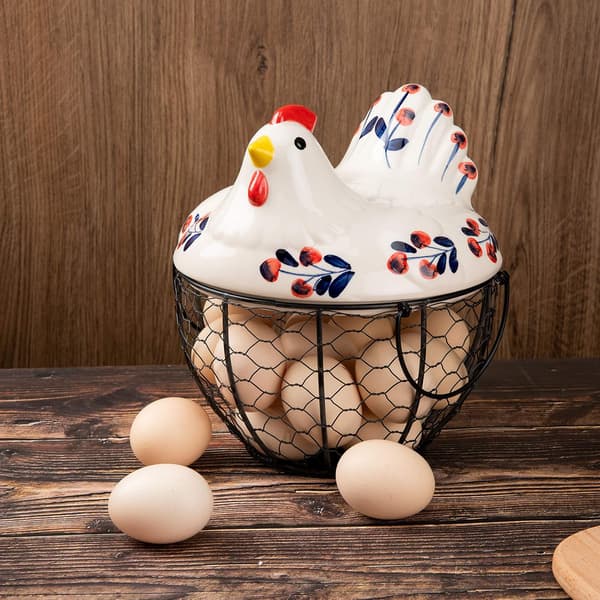 Ceramic Egg Storage Basket with Chicken Design, Iron Basket Holds 20-25 Eggs, Egg Rack, Storage Box, Container Egg Basket Stand
