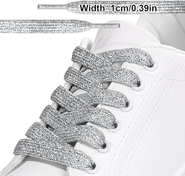 Flat Glitter Shoelaces (Silver) 120cm, Shiny Metallic Shoelaces, 1