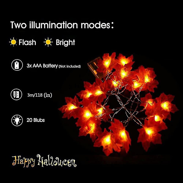 Lönnlöv-ljusslingor, 20 LED-lönnlöv, 3m ljusslinga, höstlövsdekoration för Halloween- och juldekoration