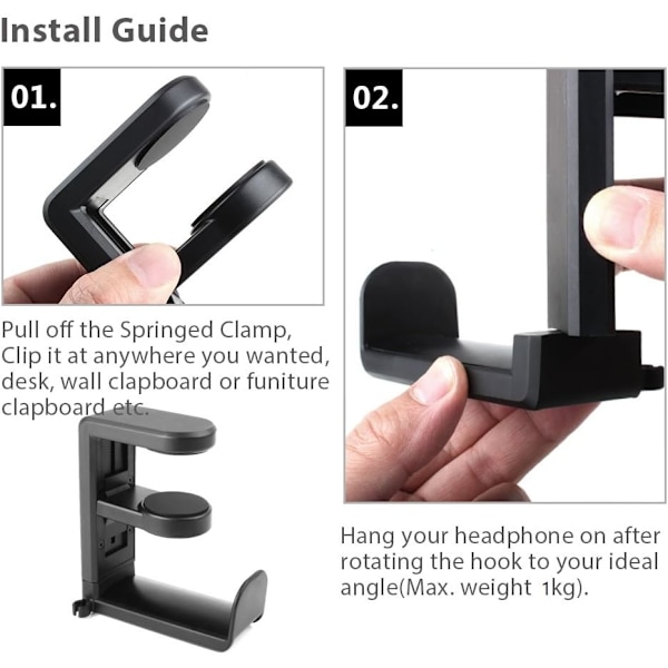 Spelheadset-hängare, Högtalarhållare med Justerbar & Rotationsarmklämma, Under-skrivbordsdesign
