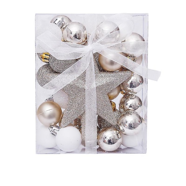 Julgranspynt, små julgransdekorationer med stjärnformade julgranspynt i guld, hängande julgranskulor