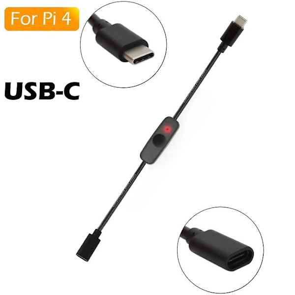 Strömbrytare USB Typ C med Indikatorlampa Hane till Hona USB-C Förlängningskabel Brytare för Raspberry Pi 4B 2st