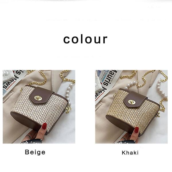 Dam Vävd Halm Konstläder Hinkväska Med Pärlmetallkedja Axelremsväska Liten Axelväska Messenger Handväska Strandresor Plånbok Khaki