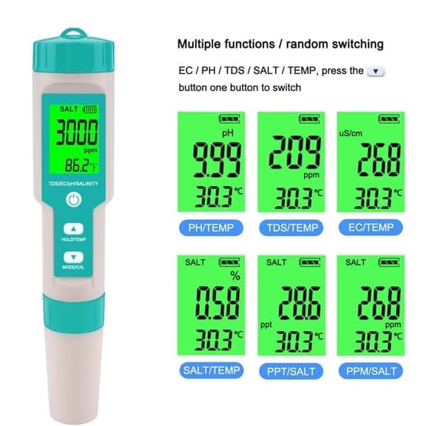 7-i-1 Vandtester – pH-meter, TDS, EC, Salinitet, SG, ORP og Temperaturtester til Pool og Akvarium