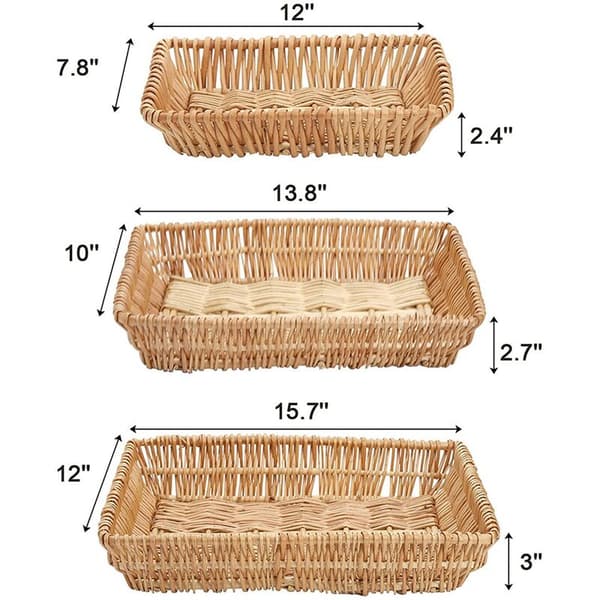 Set of 3 Rectangular Woven Fruit Baskets, Rattan Baskets, Serving Trays, Rattan Storage Baskets, for Snacks, Fruit, etc.