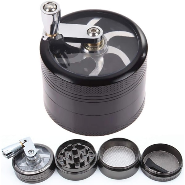 Pollengrinder Manuell Handvev Zinklegering Kvarn för Kryddor, Örter, Kaffe, Örter, 4 Delar med Skrapa, Diameter 40 mm (Svart