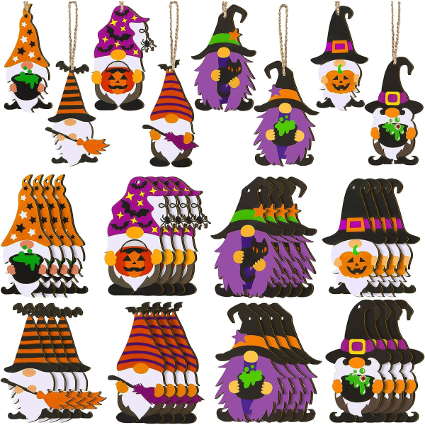 40 kpl Halloween-koristeita, puisia kääpiölappuja, puisia riippukoristeita, juhlakoristeita köysillä, Hallo