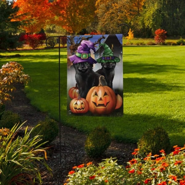 12,5" x 18" skumle kattunger Halloween hageflagg heksehatt Halloween gresskar heksehageflagg