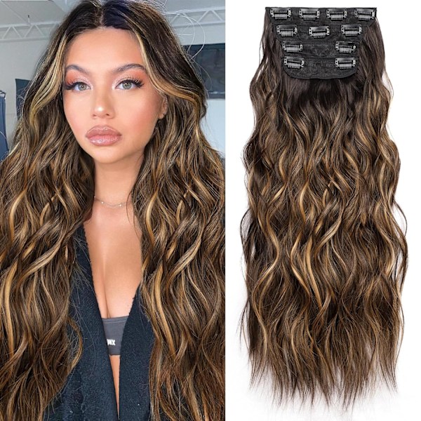 Clip-in Syntetisk Hårforlengelse Lang Bølgete 4 stk Svart og Mørk blanding lys brun Fiber Dobbel Weft Naturlig Hårforlengelse 20 tommer for Kvinner