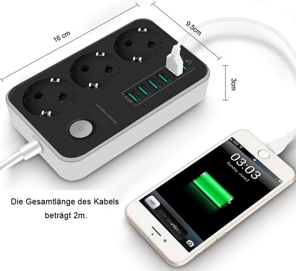 Power strip with 6 USB sockets, cable with surge protection