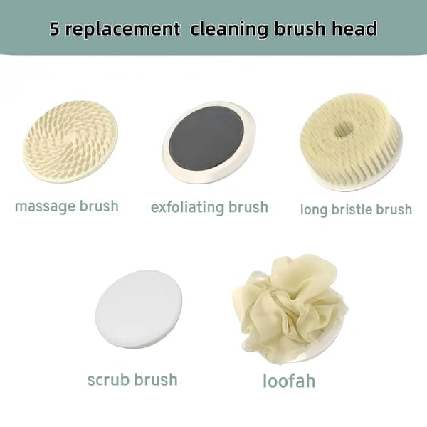 Electric Shower Brush - Rechargeable Long Handle Back Scrubber with 5 Replaceable Heads & LCD Display for Exfoliation & Massage