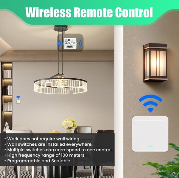 Wireless Switch Kit, Wireless Two-Way Switch, Radio Controlled Lighting Switch, 30m Range (1 Receiver + 2 Switches)