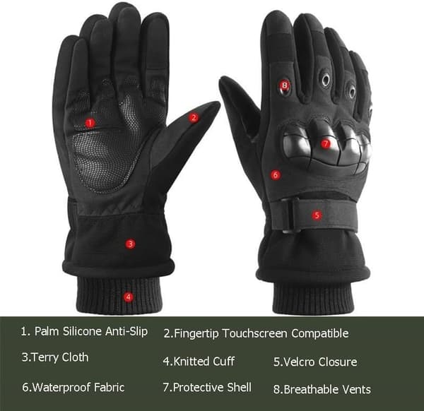 Winter Motorcycle Gloves, Tactical, Waterproof and Windproof, Touchscreen Compatible, Cold Weather Gloves, Black, Size L