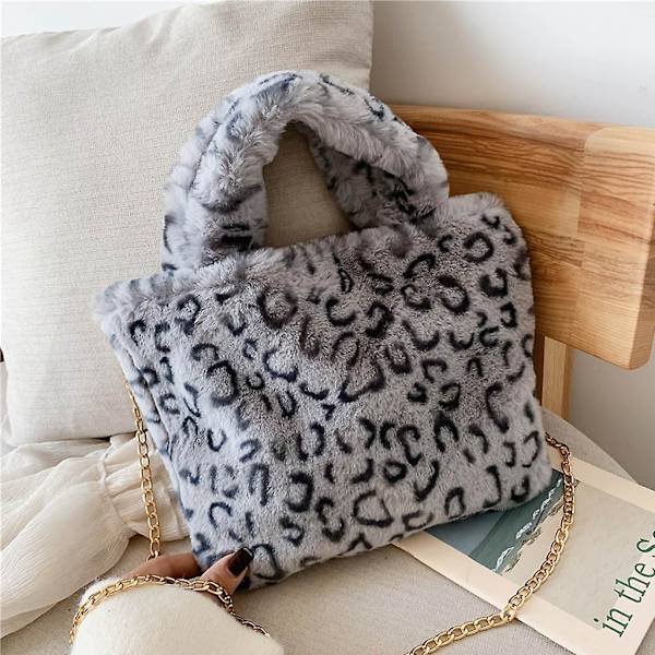 Dames Leopard Mønster Skulderveske Canvas Tote Veske Håndveske Messenger Satchel Grå leopard