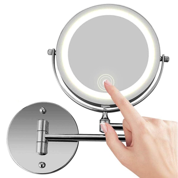 Vægmonteret makeup-spejl, 10x forstørrelsesglas med to sider, LED-belyst sminkespejl til badeværelse