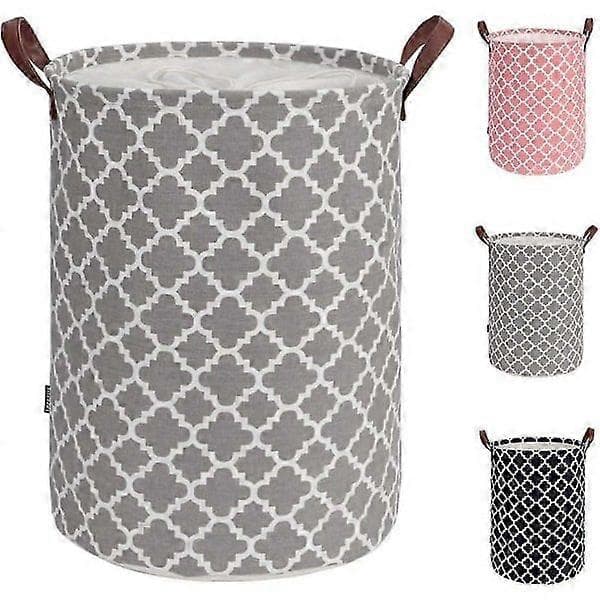 60L Large Laundry Hamper with Durable Leather Handle, Thickened Waterproof Drawstring Round Foldable Laundry Basket (Grey, L)